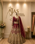 Mahroon & Beige Hand-Embroidered Bridal Lehenga